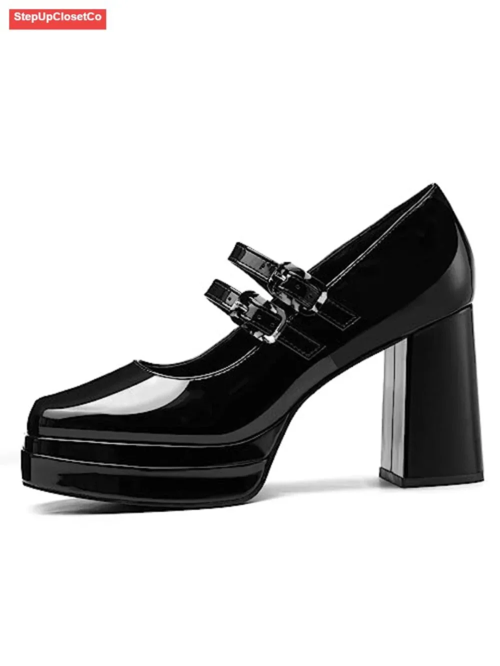 Women Platform Mary Jane Pumps Two Strap Square Toe Chunky Block Heel